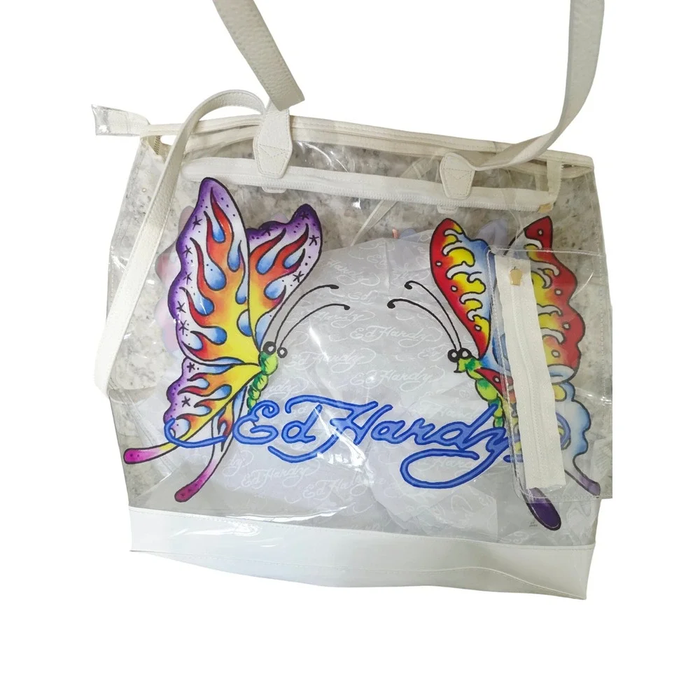 Ed Hardy Clear PVC Butterfly Beach Tote Bag & Zip Pouch Purple White 14x13x6 NWT